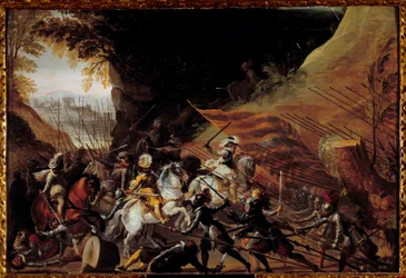 Henri IV chargeant à la tête de sa cavalerie. Peinture française anonyme du XVIIe siècle. Huile sur bois. Pau, Musée du Château