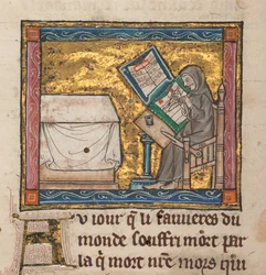 Ermite écrivant à un bureau, miniature de «Estoire del Saint Graal, La Queste del Saint Graal, Morte Artu», c.1315-25