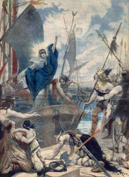Héroïnes de France : Sainte Geneviève (423-512). Les invasions barbares - Sainte Geneviève sauvant la ville de Paris. Illustration pour Le Petit Journal.
