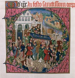 Initiale historiée D représentant une procession religieuse sur la Place de Grève, Paris au 15e siècle (édition fac-similé du Missel de Jouvenel des Ursins)