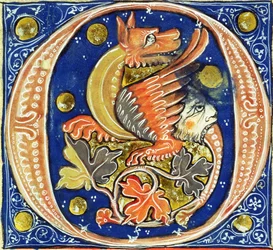 Initiale historiée O représentant un griffon ailé
