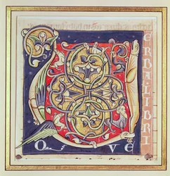 Initiale historiée U représentant un motif entrelacé et des animaux fantastiques, de la Bible de Saint-André-aux-Bois