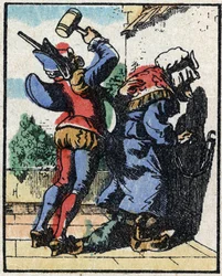 Histoire du Dr. Pulcinella (Polichinelle). Gravure sur bois de l