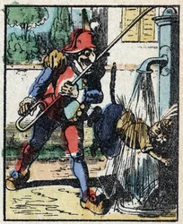 Histoire du Dr. Pulcinella (Polichinelle). Gravure sur bois de l
