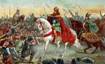 Histoire de la Gaule au Moyen Âge : les Saxons germaniques agenouillés devant le roi Charlemagne qui a remporté les guerres. Chromolithographie de la fin du 19e siècle.