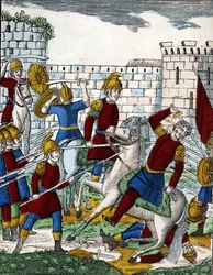 Histoire des quatre fils Aymon; Le traître Ganelon, embusqué dans la vallée de Soissons, tue le duc de Beauves d