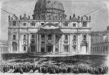 Semaine Sainte à Rome : vue de la place Saint-Pierre à Rome (Piazza San Pietro) pendant la bénédiction "urbi et orbi" le Jeudi Saint et le dimanche de Pâques. Gravure dans "Le Monde Illustré" n°526 du 11 mai 1867