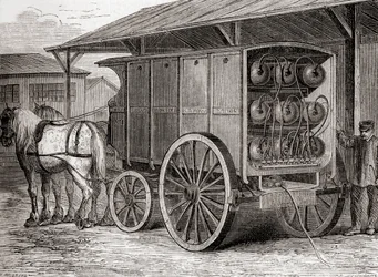 Véhicule hippomobile utilisé pour transporter du gaz comprimé dans des conteneurs portables au 19ème siècle, de Les Merveilles de la Science, publié c.1870