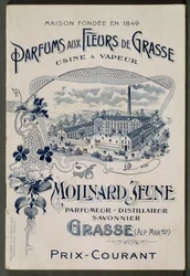 Maison fondée en 1849 - Parfums aux Fleurs de Grasse - Usine à vapeur : Molinard Jeune - Carte publicitaire présentant l