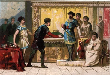 Hugues le Grand (897-956) couronne Raoul ou Rodolphe de Bourgogne (vers 890 - 936), Duc de Bourgogne et Roi de France. Chromolithographie de la fin du XIXe siècle.
