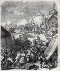Guerre de Cent Ans : Bataille de Poitiers (1356). Gravure dans "Histoire des Papes (...) Crimes des Reines, Rois et Empereurs à travers les siècles" par Maurice Lachatre