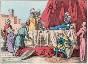 Guerre de Cent Ans : «La mort de Bernard du Guesclin (1320-1380) devant Châteauneuf de Randon le 13/07/1380» - Mort de Duguesclin (pendant le siège de Châteauneuf-de-Randon le 13 juillet 1380) - Gravure de la fin du 19e siècle dans «Nos Gires Nationales - 