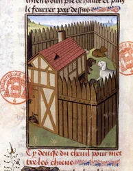 Chiens de chasse dans un chenil - dans "Livre de chasse de Gaston Phoebus, Comte de Foix, Seigneur de Béarn"