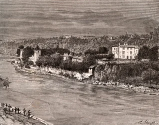 Île Barbe au milieu de la Saône, dans le 9e arrondissement de Lyon - gravure dans « La France illustrée : géographie, histoire, administration statistique » par V.-A. Malt-Brown. 1884