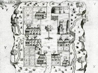 Île Ste. Croix, le premier établissement français en Acadie, 1604, tiré des Voyages de Samuel de Champlain