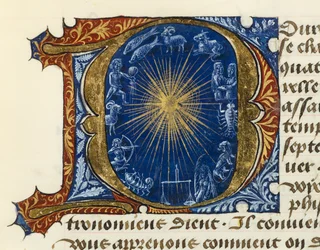 Lettre capitale initiale illuminée D, du Traité de Médecine Aldebrande de Florence