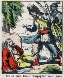 Illustration pour le livre de Daniel Defoe « Robinson Crusoé ». Imagerie d