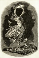 Illustration pour "Notre-Dame de Paris" de Victor Hugo: Esmeralda danse en jouant du tambourin à côté de sa chèvre, début du XXe siècle (lithographie)