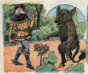 Illustration pour le conte "La Belle et la Bête" : le marchand coupe une rose dans le jardin de la Bête pour l