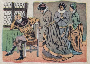 Illustration pour le conte « La Belle et la Bête » : le marchand perdu dans la douleur. Gravure de l