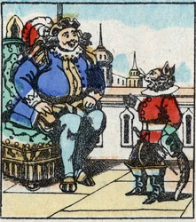 Illustration du conte de Charles Perrault « Le Chat Botté ». Gravure sur bois d