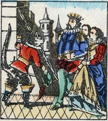 Illustration du conte de Charles Perrault « Le Chat Botté ». Gravure sur bois de l