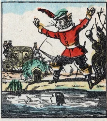Illustration du conte de Charles Perrault "Le Chat Botté". Gravure sur bois de l