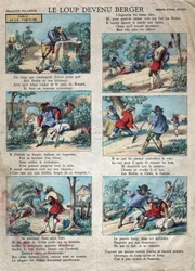 Illustration de la fable de Jean de La Fontaine (1621-1695) : le loup devenu berger. Imagerie d