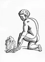 Illustration du fonctionnement des conduits de la glande pinéale sur le système nerveux humain en relation avec une réaction au feu, de Tractatis de Homine, publié à Amsterdam par Elsevier, 1677