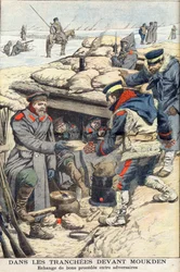 Dans les tranchées devant Moukden, Guerre russo-japonaise. Troupes japonaises et russes échangeant nourriture et boisson. Illustration pour Le Petit Journal, 22 janvier 1905
