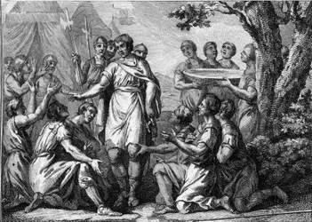 Inauguration de Pharamond (Ve siècle) : sacre du roi des Francs Pharamond (ou Pharamun ou Faramund ou Paramund). Gravure du XVIIIe siècle.