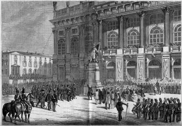 Inauguration du monument sarde par Vincenzo Vela (1820-1891), sur la place du Château à Turin (Italie) le 10 avril 1859. Derrière la statue se trouve le « Palazzo Madama ». Basé sur les croquis de M. Ferry. Gravure dans « Le Monde Illustré » n°106 du 23 av