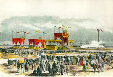 Inauguration du canal de Suez en Égypte en 1869 : le "Te Deum" chanté à Port-Saïd. Le canal a été créé pour relier la mer Rouge à la mer Méditerranée.