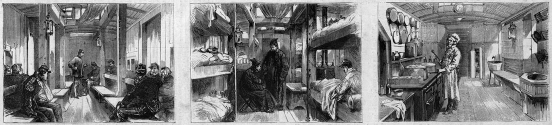 Vue intérieure du wagon-ambulance et du wagon-cuisine d