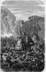 Invasion et pillage de Rome par Alaric Ier, roi des Wisigoths en 410. Gravure dans « Histoire des Papes-Rois-Reines et Empereurs à travers les siècles » par Maurice Lachatre