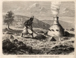 Fonte du minerai de fer au Fouta Djalon, Sénégal, dessin de Hadamard, pour illustrer le voyage du lieutenant Lambert au Fouta Djalon en 1860. Gravure dans "Le tour du monde" 1861. Collection Selva.