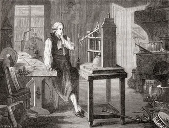 James Watt dans son atelier de Glasgow améliorant la machine à vapeur de Thomas Newcomen de 1712 avec sa machine à vapeur Watt en 1781, de Les Merveilles de la Science, pub.1870.