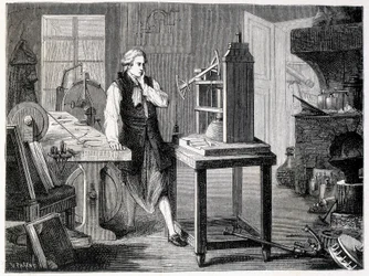 James Watt étudiant le perfectionnement de la machine de Newcomen (1767) - dans « Album de la Science ; savants illustres ; Grandes découvertes » 1896.