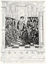 Jean le Feron (1504-70) présente une de ses œuvres au roi Henri II (1519-89) du Blason d