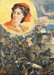 Jeanne Laisné (1456-?), connue sous le nom de Jeanne Fourquet, surnommée Jeanne Hachette Héroïne française - Jeanne Hachette au siège de Beauvais 1472. Illustration pour Le Petit Journal, 8 janvier 1894.