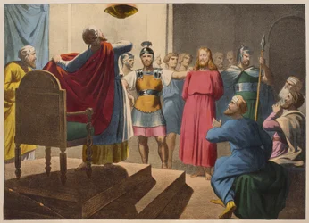 Jésus-Christ devant Caïphe, illustration du catéchisme L