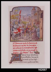 Jean de Gand reçu par les citoyens de Bayonne aux portes de la ville, extrait de la Chronique de Froissart, fin du XVe siècle