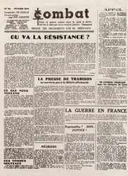 Journal COMBAT - numéro 54 - février 1944 - organe des mouvements unis de résistance. (journal clandestin) - Où ira la résistance