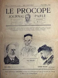 Journal du Procope, café parisien, février 1895 : portraits des poètes français Paul Verlaine, Paul Arène et Laurent Tailhade