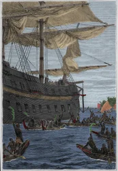 Voyage de Samuel Wallis (1728-1795) en Polynésie : indigènes tenant des branches de bananier à la main en guise de salut de bienvenue - illustration tirée de « Les grands marins du 18ème siècle »