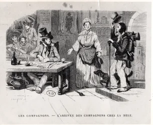 Compagnon arrivant dans une pension, vers 1850