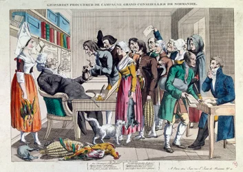Justice : « Gripardin, avocat de campagne, grand conseiller de Normandie ». Lithographie du XVIIIe siècle. Paris, Musée Carnavalet