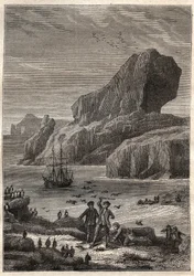 Îles Kerguelen. Illustration pour Les Grands Navigateurs du XVIIIe siècle par Jules Verne - James Cook aux Îles Kerguelen en 1776 (archipel des Kerguelen ou Îles de la Désolation) - dans « Les Voyageurs du XVIIIe et XIXe siècle - illustration
