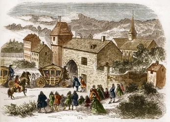 Le roi Louis XIV (1638-1715) rendant visite à Melle de Fontanges (1661-1681) à Port Royal vers 1680. Gravure dans « L