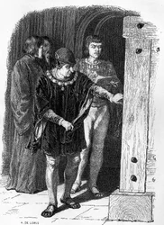 Le roi de France Louis XI visitant les cages de la Bastille. Gravure dans "Notre Dame de Paris" de Victor Hugo